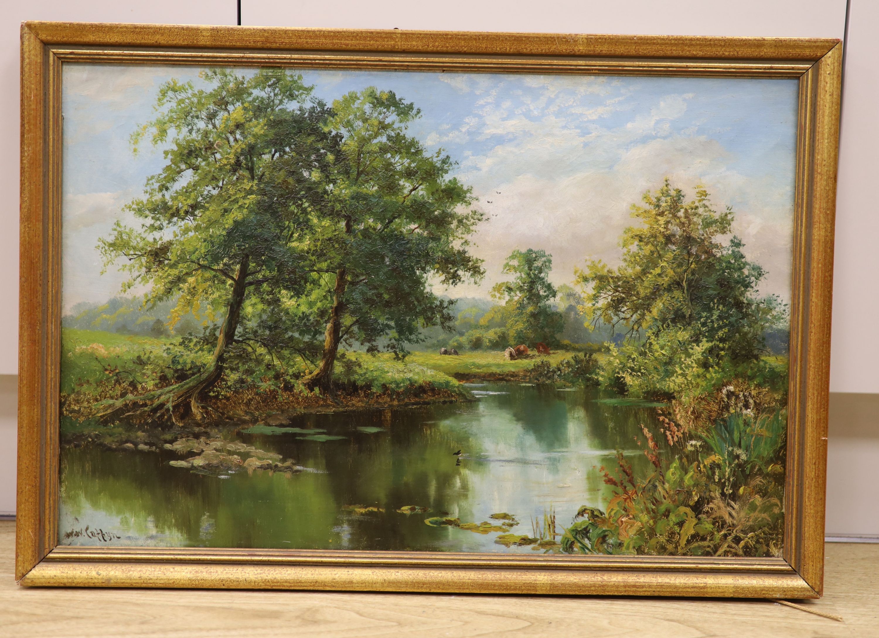 Walter Wallor Caffyn (1845-1898), oil on canvas, River landscape with cattle, signed, 40 x 60cm.